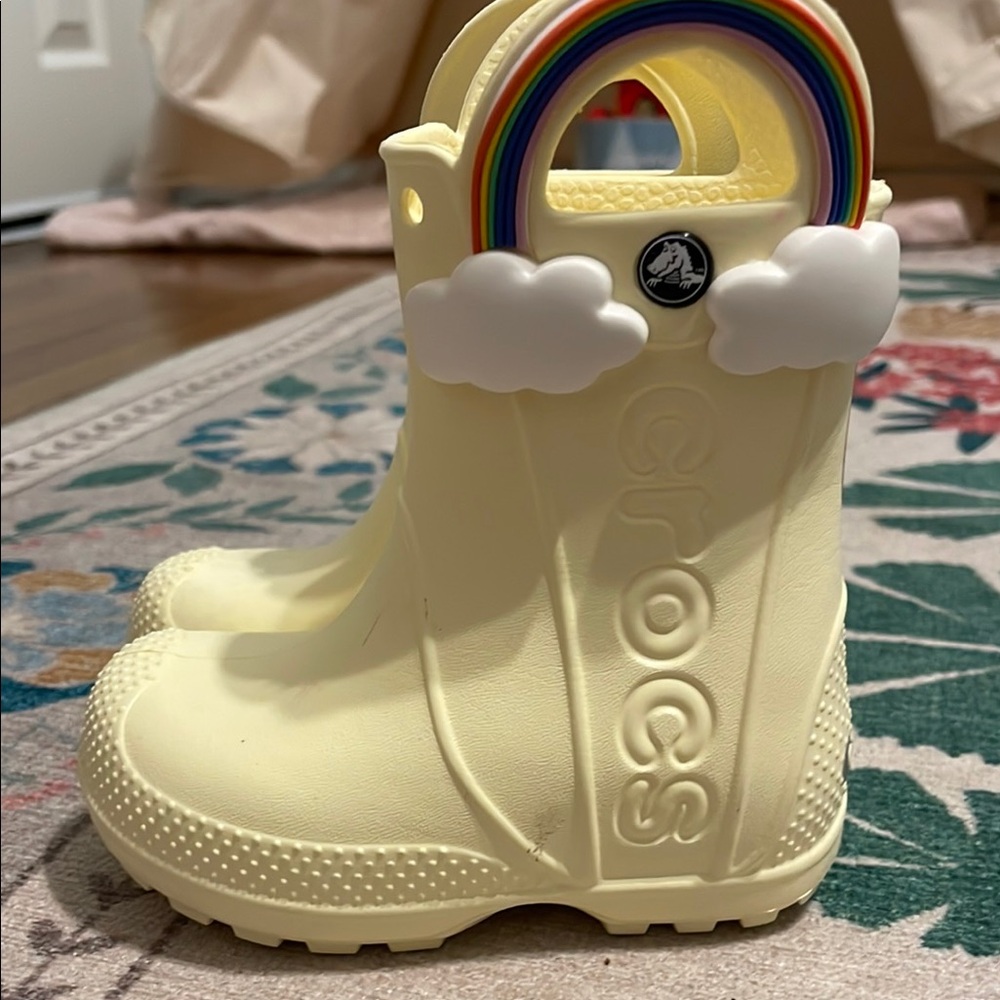 CROCS Yellow Rain & Snow Boots with Rainbow Design